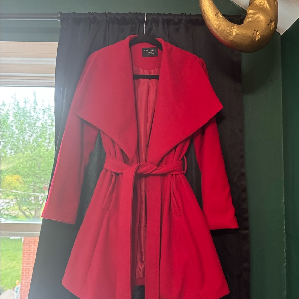 Love Tree Vibrant Red Wrap Trench Coat with Self Tie